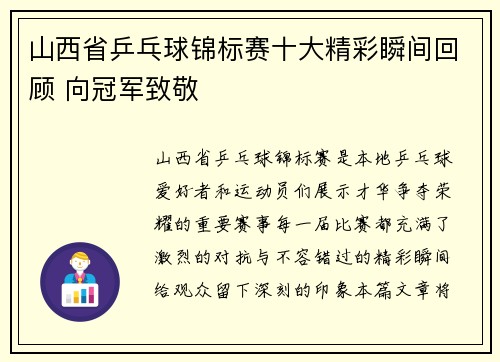 山西省乒乓球锦标赛十大精彩瞬间回顾 向冠军致敬